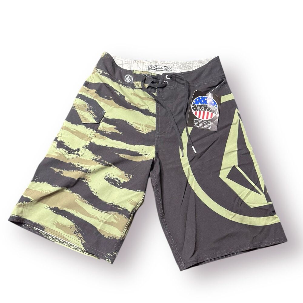 Volcom Gray Beige Striped Board Shorts Size 26"‎ Swim Trunks Retro Abstract Y2K